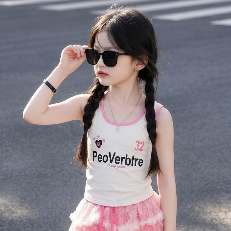Trendy 2026 Korean Style Girls Cartoon Vest & Lace Bloomers Summer Set 150 cm
