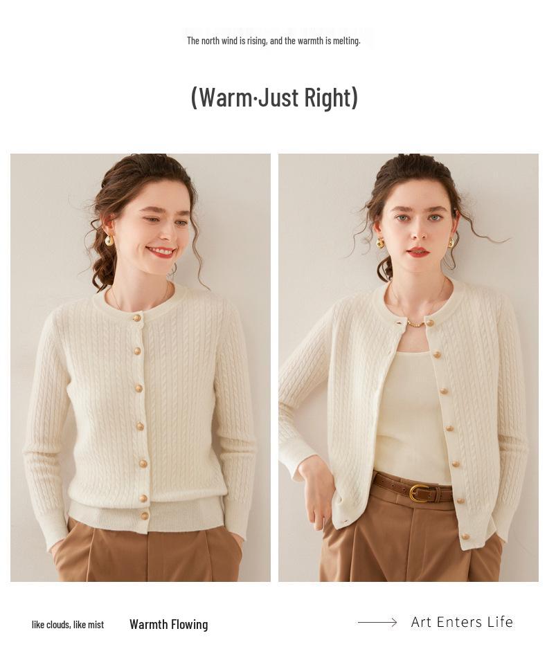 Women's Cashmere Long Sleeve Round Neck Cardigan Sweater - Autumn/Winter Cable Knit Wool Outerwear