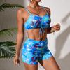 Women's Split Printed Three-piece Long-sleeved Sunscreen Blouse High Waist Boxer Swimsuit
