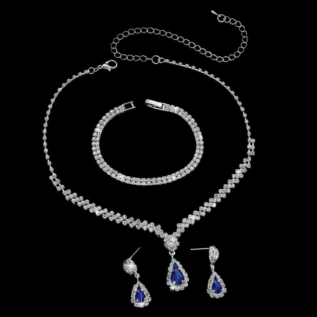 Elegante Tropfen-Anhänger-Halskette & Ohrringe mit eingelegtem Diamanten - Exquisites Dreiteiliges Schmuckset