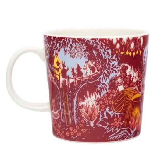 Kubek Moomin Arabia Festive Moment czerwony fioletowy żółty szary biały impreza domowa pojemność 280ml.