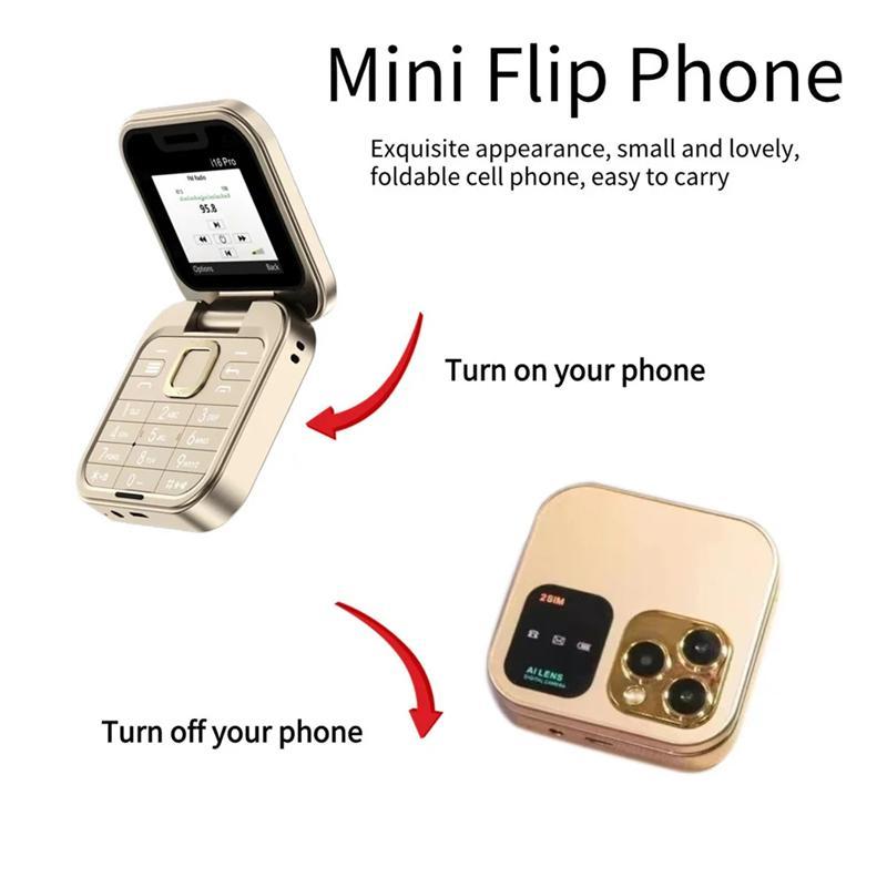 Ny i16 Pro Søt Flipblokk Mobiltelefon Doble SIM-kort 1,77" Skjerm Hurtigtaster Magisk Stemme Svarteliste Mini Boks Mobiltelefon 3,5 mm Jack