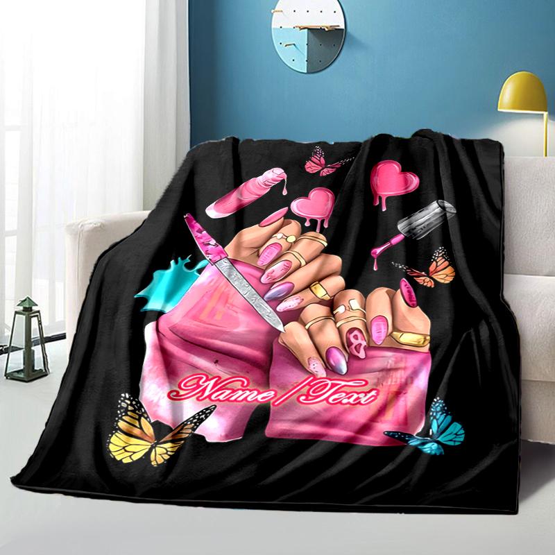1PC Custom Name Nail Art outdooor Flannel blankets Throw Blanket All-Season Throw Gift Bedspread for Couch, Bed, Camping Holiday Birthday gift