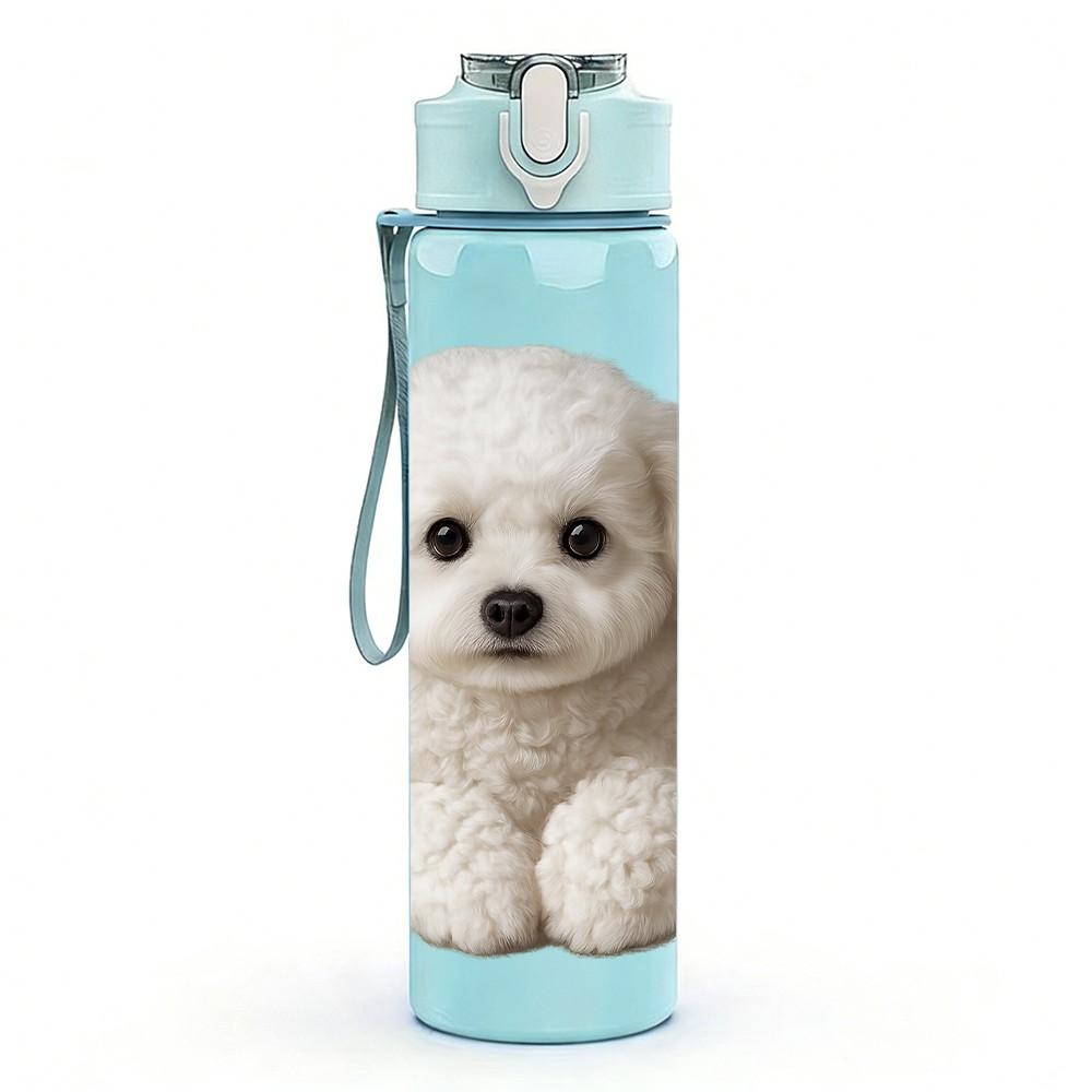 1PC Round Faced White Puppy 750ml Color Plastic Sports Water Bottle Leakproof Flip Straw Lid Suitable for Sports Office Home Use