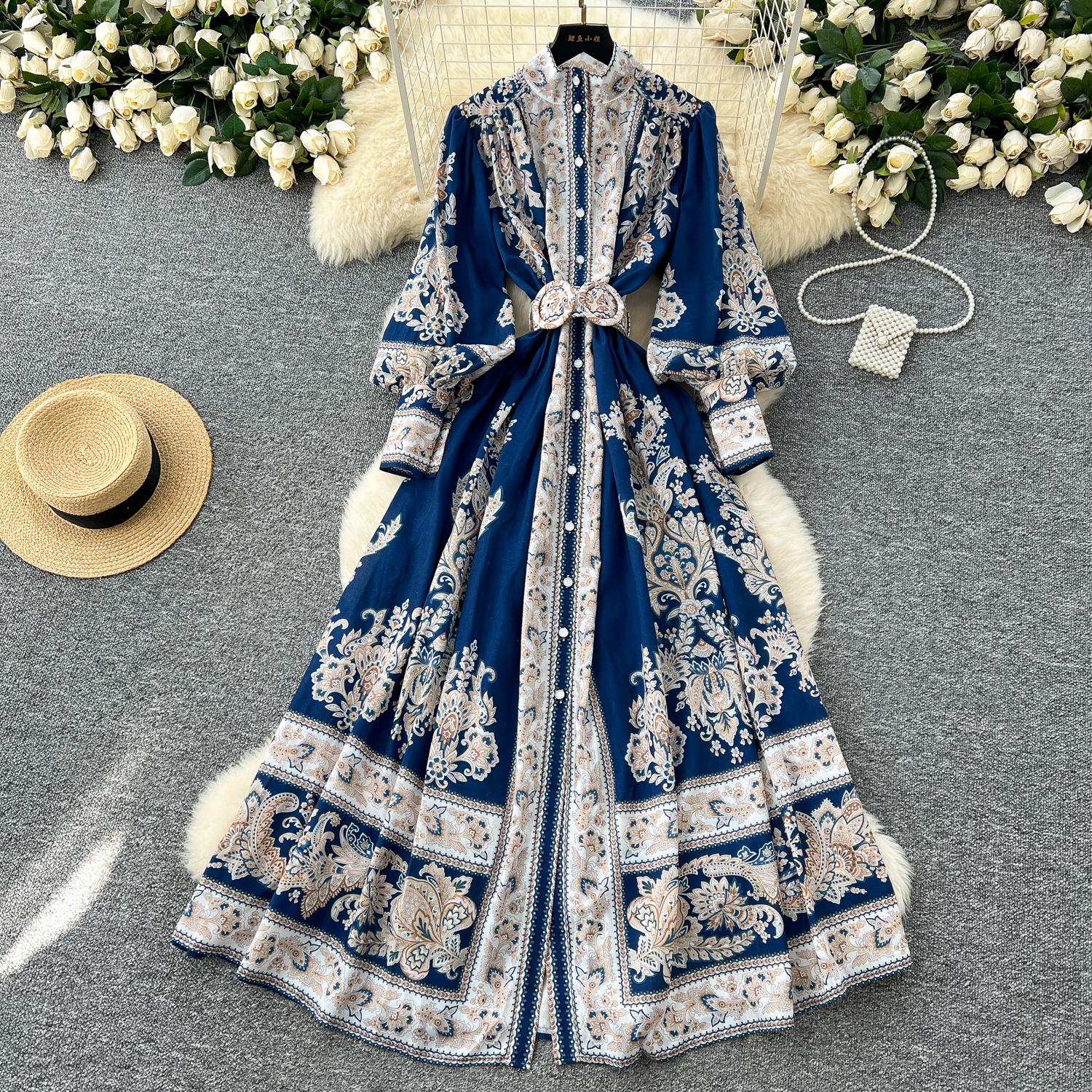 

Весна Осень Женские Платья Плюс Размер Винтаж Дворцовый Принт Однобортные Длинные Макси Платья Оверсайз Праздничные Платья Для Вечеринок С Поясом 2XL синий