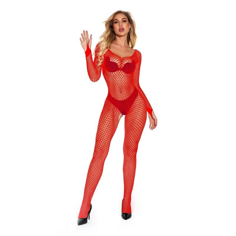 Female sexy transparent mesh erotic jumpsuit with open crotch, tempting lingerie, no need to take off style pajamas