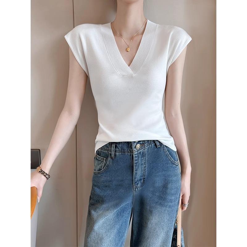 

Новая летняя блузка с V-образным вырезом, модная и стильная, с короткими рукавами-крылышками, облегающая, с вязаным базовым слоем one size белый