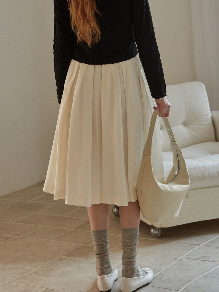 B Muse Mansion Satin Tuck Flare Skirt - Ivory