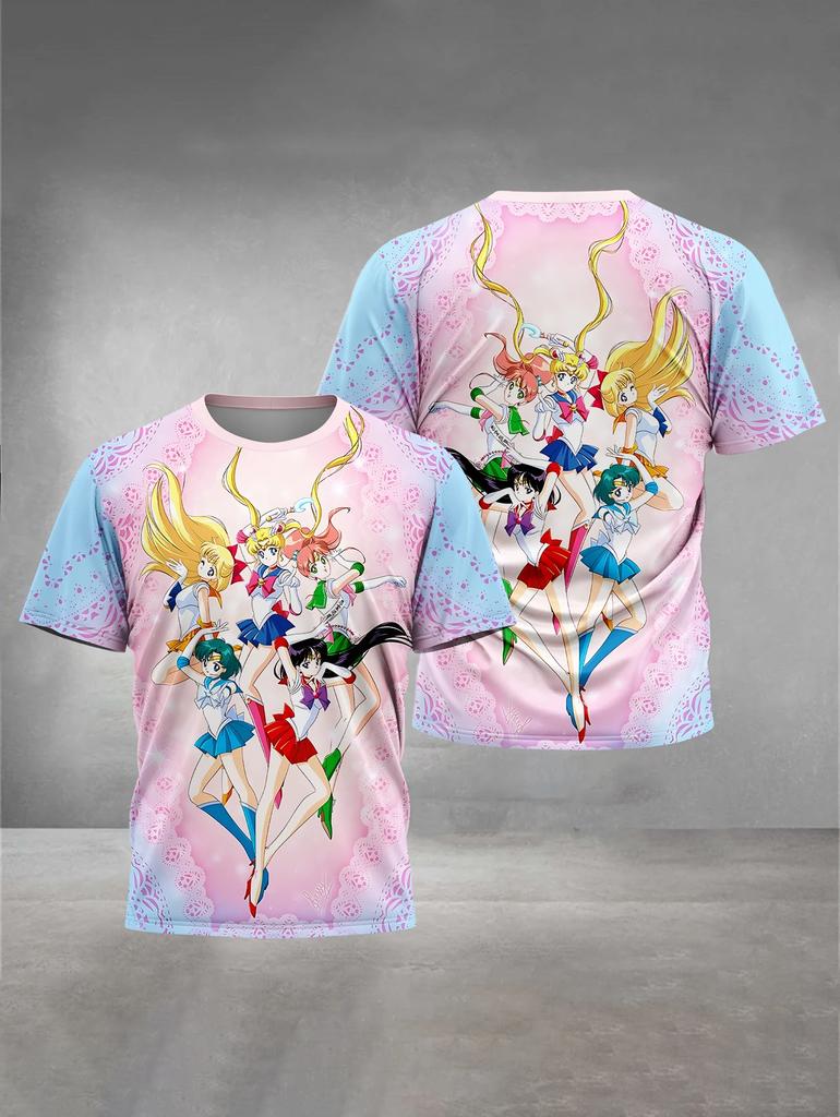 2026 Summer Sailor Moon Retro Cosplay T-shirt Oversized 3D Printed Short-sleeved Family Unisex Children's Sports Shirt