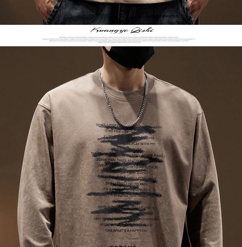 Men's Heavyweight Retro Washed Long-Sleeve T-Shirt - Autumn Edition, Loose Fit, Round Neck, Trendy American Print