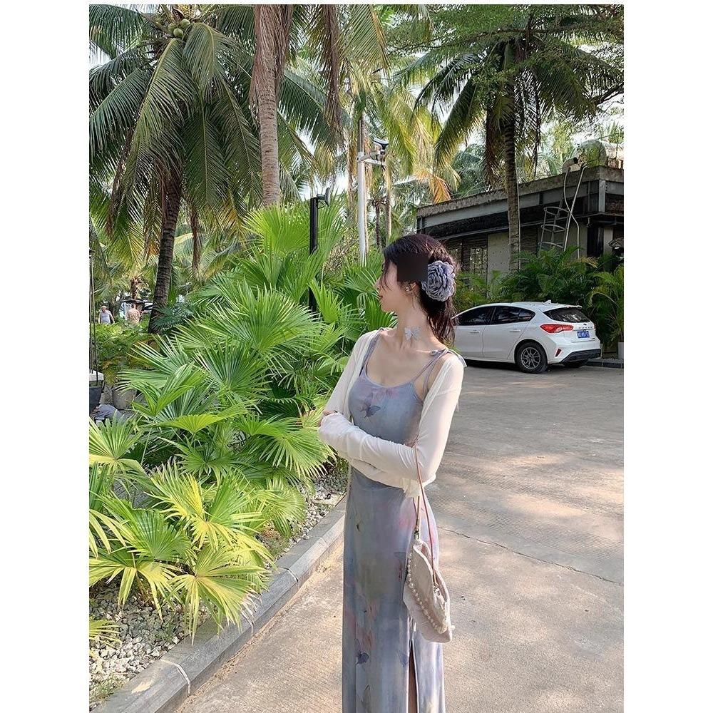 Summer Vacation Slim Fit Butterfly Mesh Oil Painting Print Suspender Dress Temperament Slit Hip Length Skirt Woman