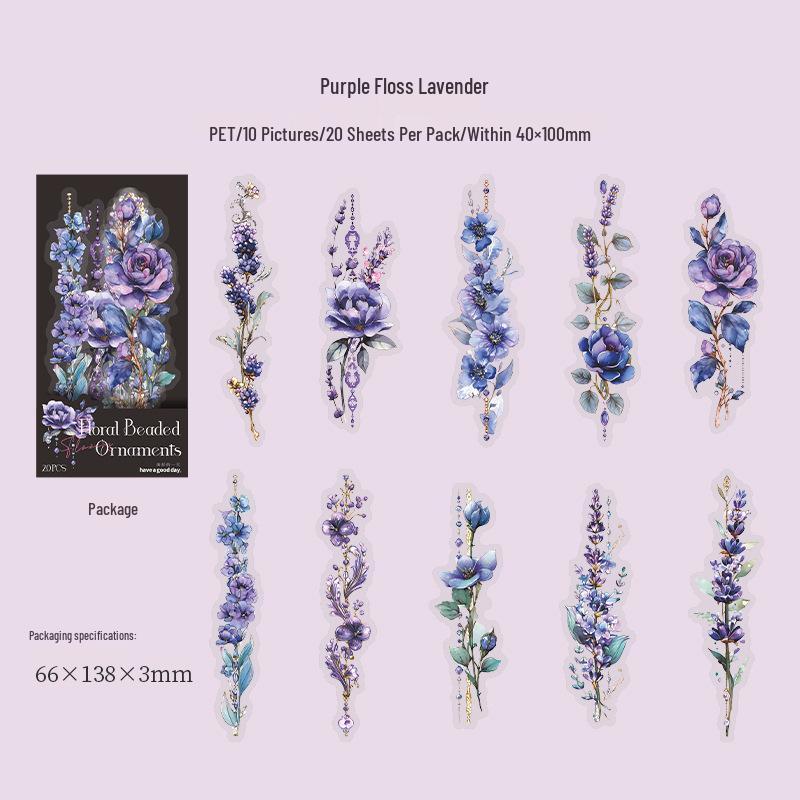Floral Beaded Retro PET Sticker Pack: 20 Sheets in 6 Styles of Flower and Branch Designs