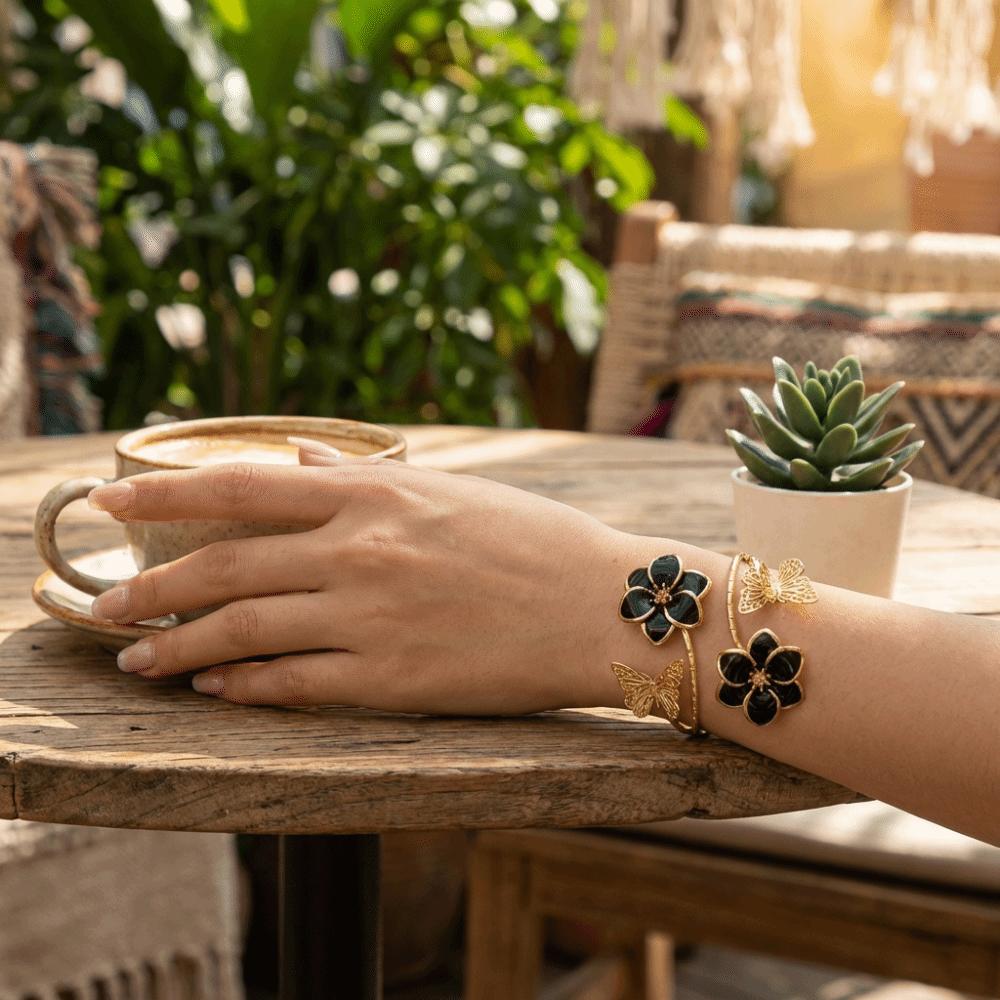 Artistic Drip Oil Flower Arm Ring Vintage Butterfly Open Bangle  Fashion Accessory