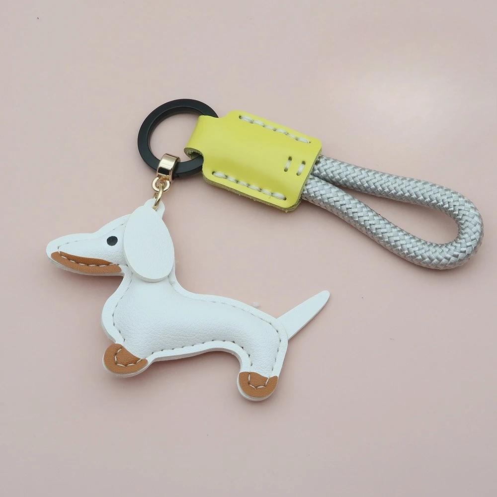 Custom Number Sausage Dog Leather Keychain Pendant Personalized Cartoon Keyring with Braid Rope Bag Car Key Ring