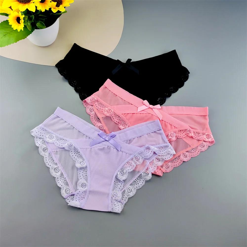 3PC Low Rise Lace Ruffles Women's Mesh Underwear Sweet Ladies Perspective Sexy Briefs Comfortable Panties