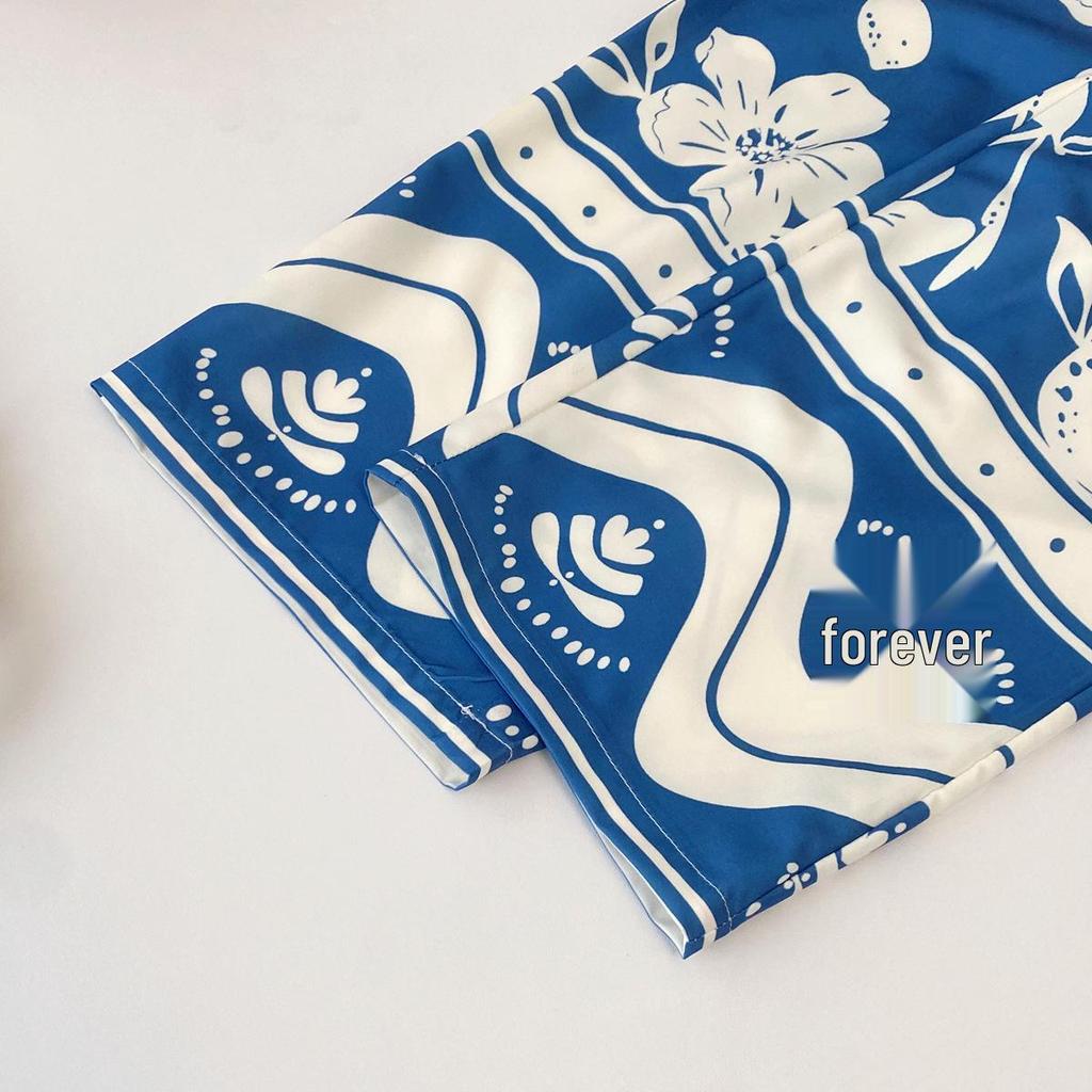 Girls' Summer Blue Floral Vacation Set with Spaghetti Strap Top & Straight-Leg Pants