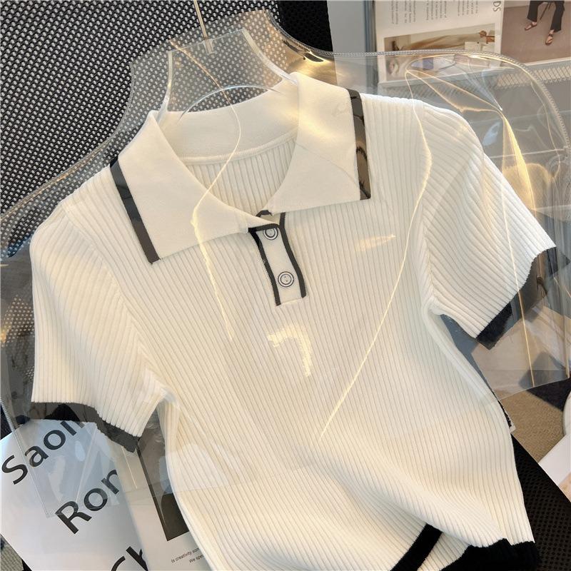New Knitted Short Sleeve Women Blouse Summer Lapel Loose Slim Fit Ice Silk Shirt Pullover Sweater Casual Simple Sweet Tops Elegant Fashion Clothing