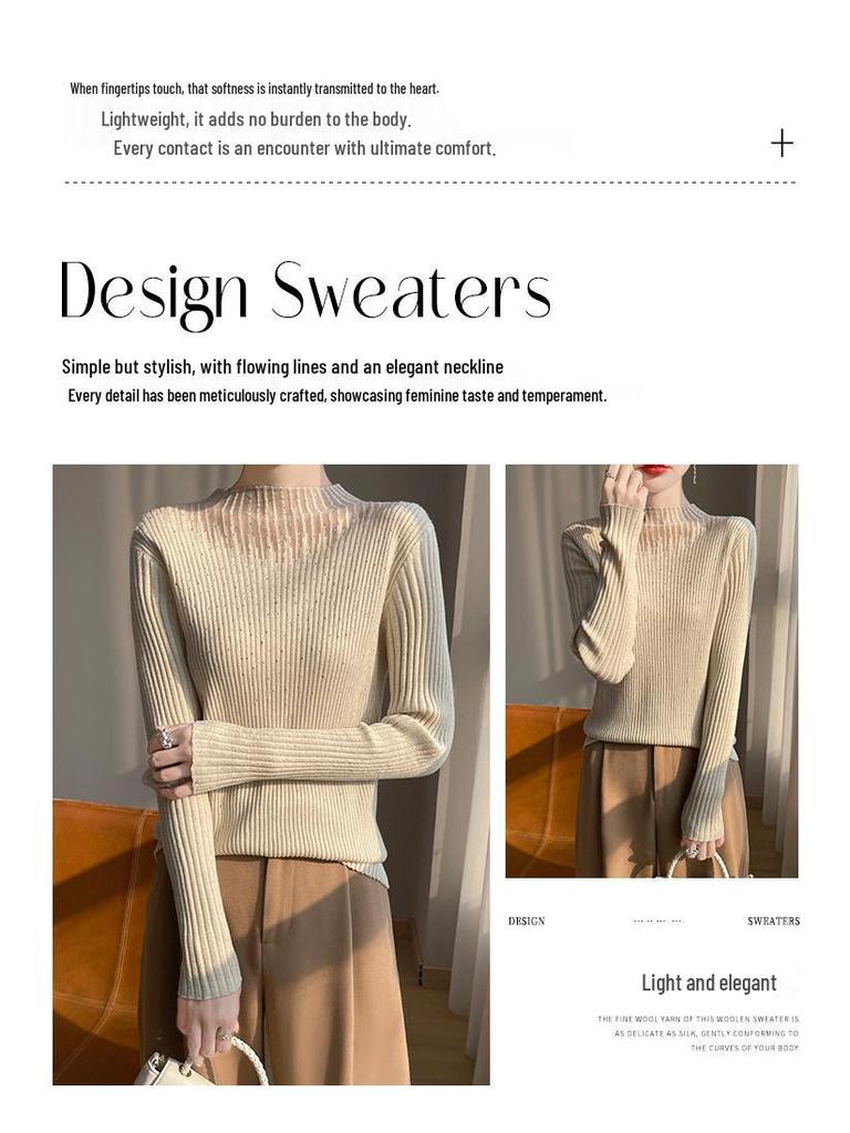 Women's Slim-Fit Wool Sweater with Rhinestone Design, Solid Color Base Layer