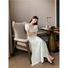 French lace-up bubble sleeve polka dot dress women's summer new ruffle edge waist thin chic temperament long dress