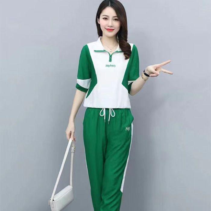 2025 Summer Women's Loose Running Suit - Short Sleeve Stand-up Collar Two-Piece Set