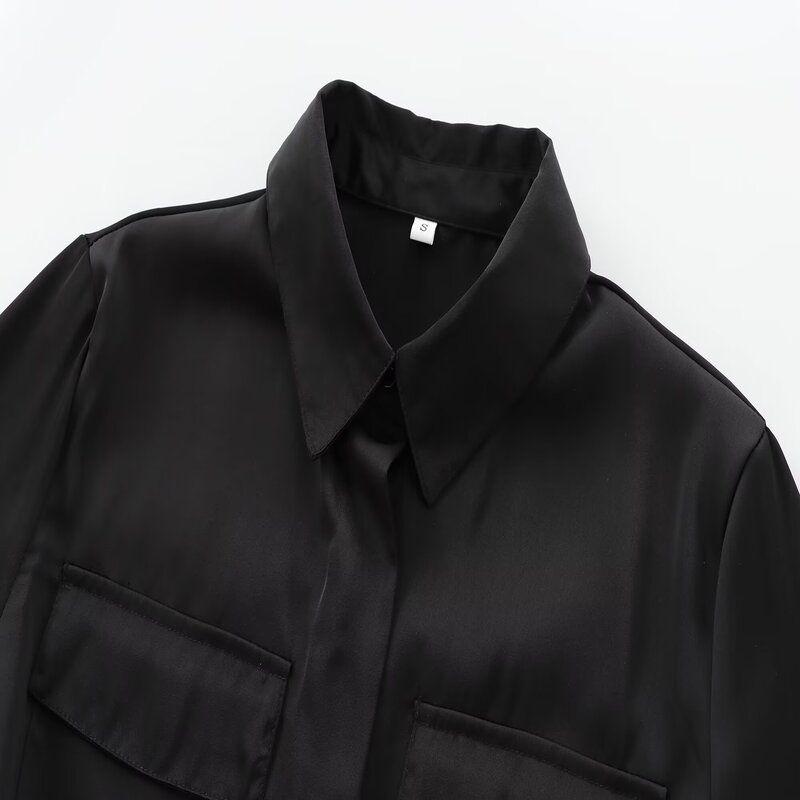 Fashion Style 2024 Autumn New Women's Clothing Stylish Silk Satin Textured Shirt Style Dress 8685611