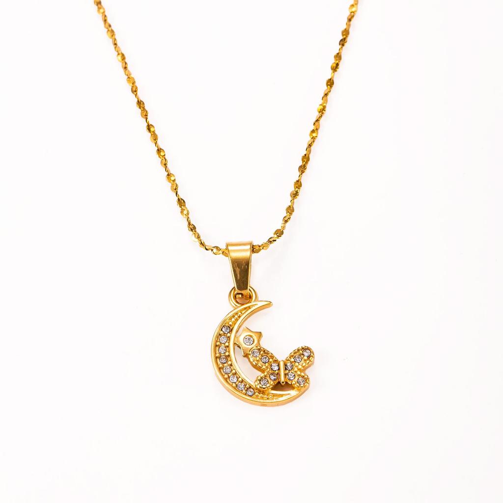 18K Gold-Plated Titanium Steel Necklace with Cross, Bee, and Butterfly Charms