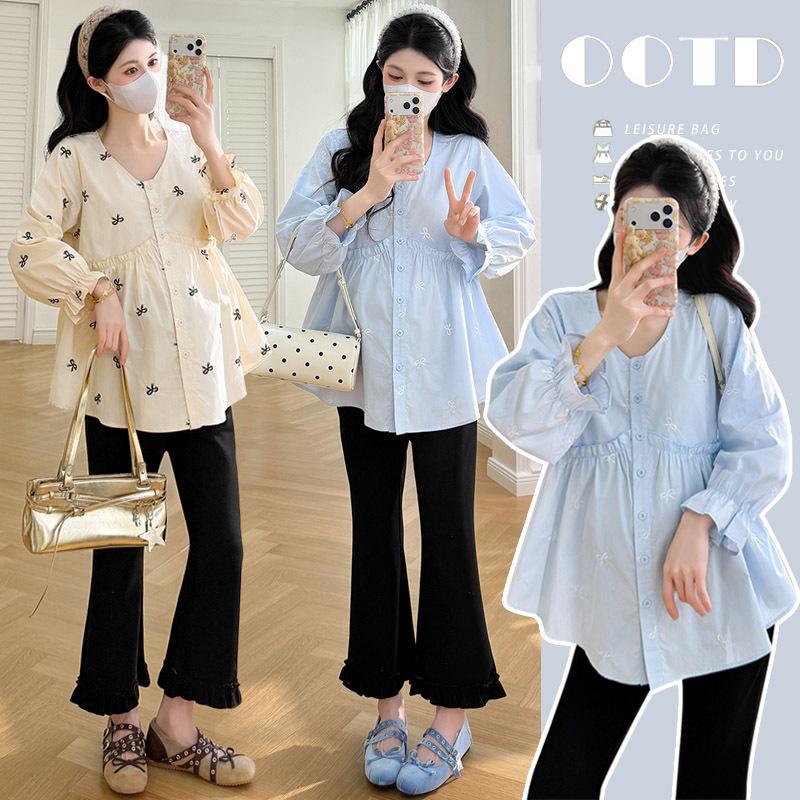 2026 Spring Maternity Trendy Two-Piece: Embroidered Shirt & Micro-Flare Pants L