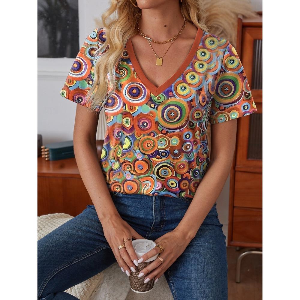 

2025 этническая женская футболка ретро графическая модная с коротким рукавом V-образный вырез обычная блузка с принтом летняя и весенняя повседневная блузка XXXL
