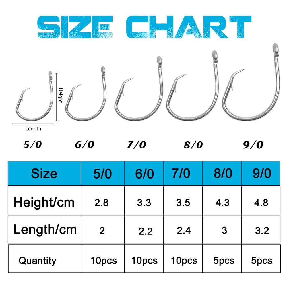 40Pcs/Box Saltwater Tuna Circle Hooks Stainless Steel Inline Big Game Circle Hooks Short Shank Saltwater 3X Strong Fishing Hooks
