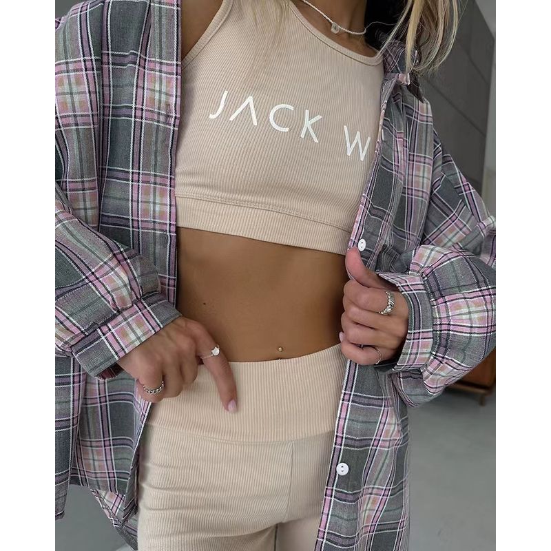 Fashion Style Retro Loose Lapel Versatile Cardigan Plaid Shirt Loose Cardigan Plaid Shirt