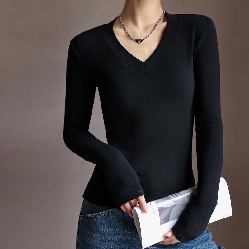 Q Thread V-neck Versatile Solid Color Base Shirt for Women In Autumn Slim Fit and Slim Inner Top Long Sleeve T-shirt Base Shirt