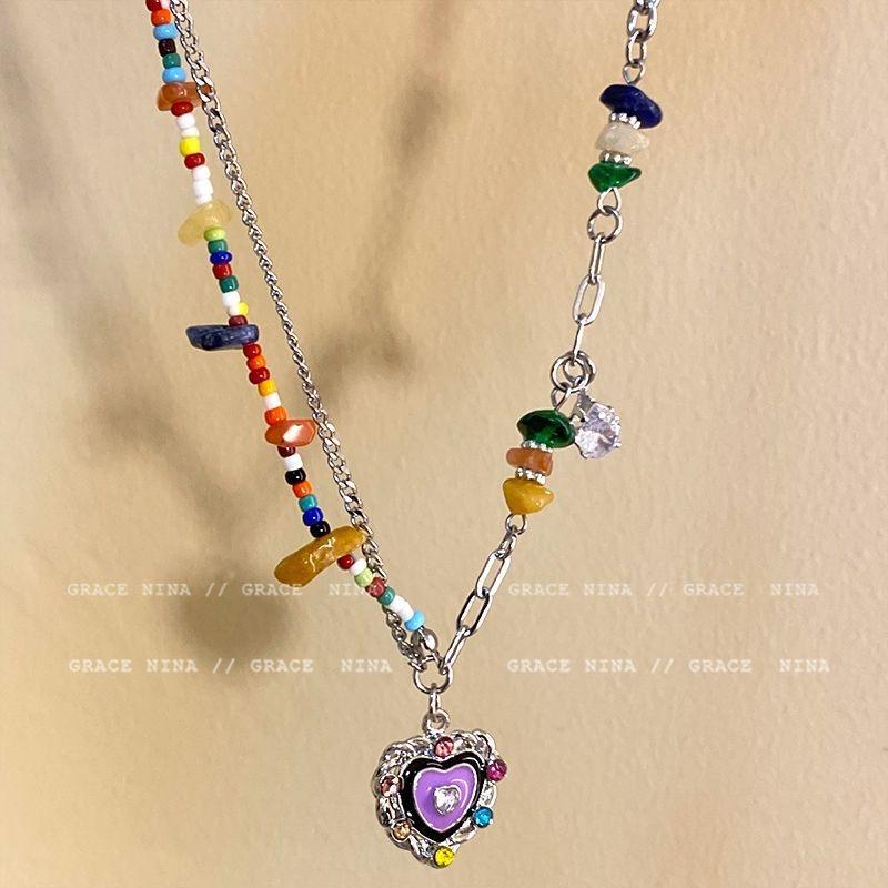 iF ME Collana di Perline di Cristallo Colorate per Donne Pietra Stella Sorriso Cuore Ciondolo Collane Catena Argento Accessori Gioielli