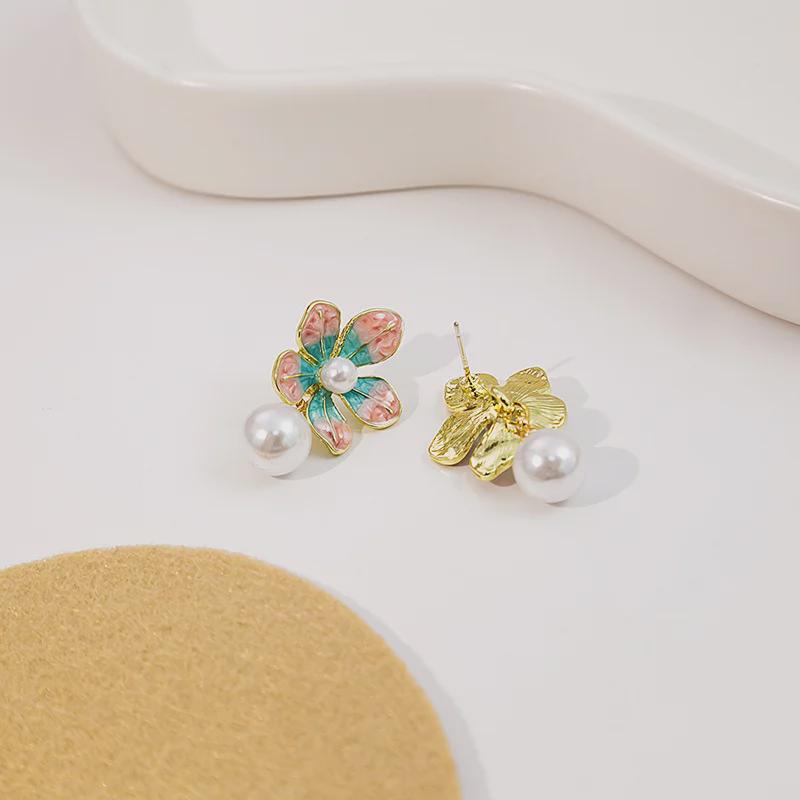 Japanese & Korean Sweet Flower Pearl Earrings - Cute Enamel Pink & Blue Petal Design