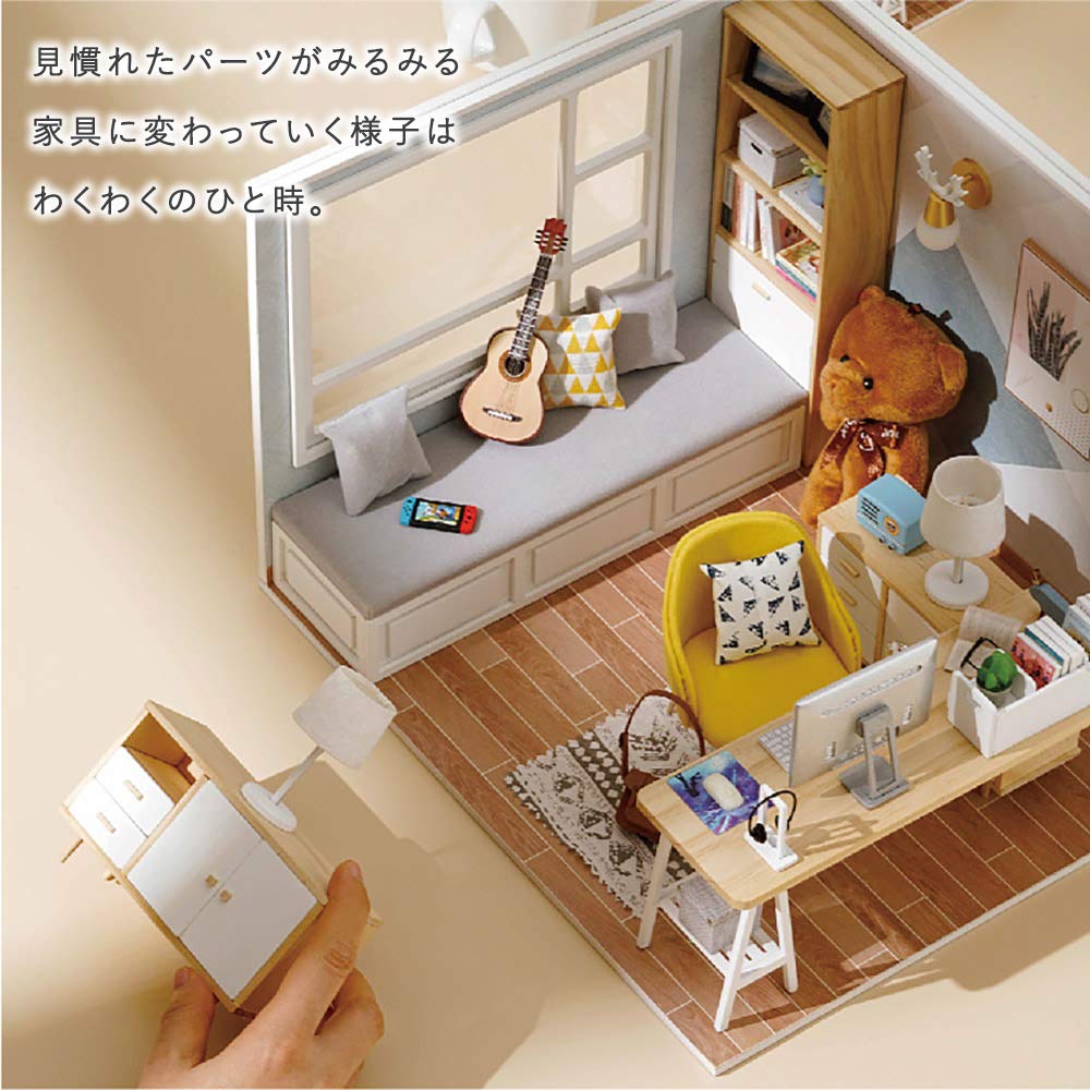 Moin Moin Scale Dollhouse Miniature DIY Kit Sunshine Bear Doll House LED Light Acrylic Case Building Tools 1/12 Set, Room, + + (Product Code