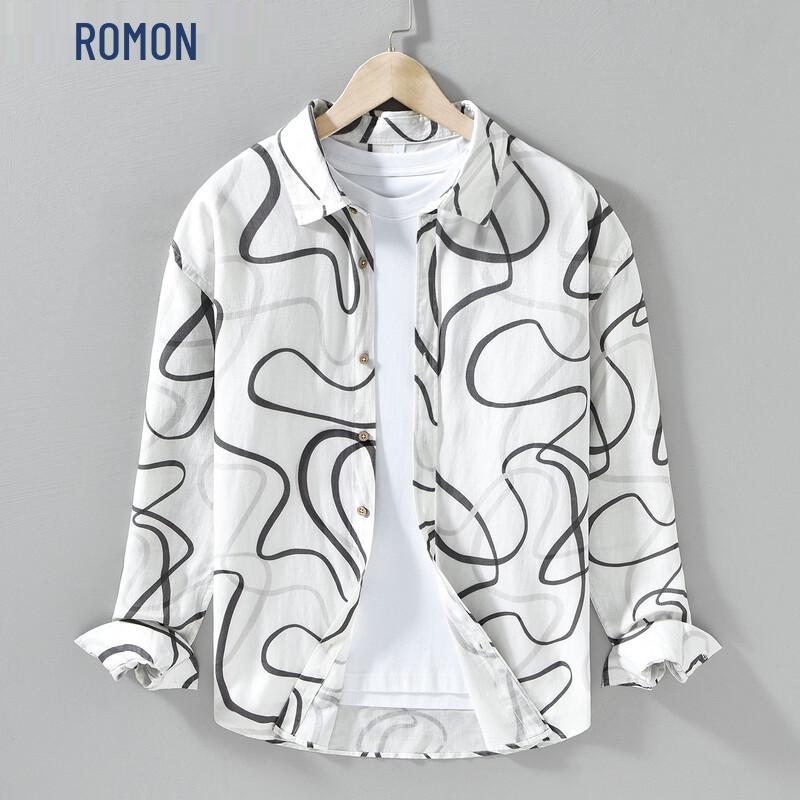 Romon Men s Lyocell Linen Printed Long Sleeve Shirt L