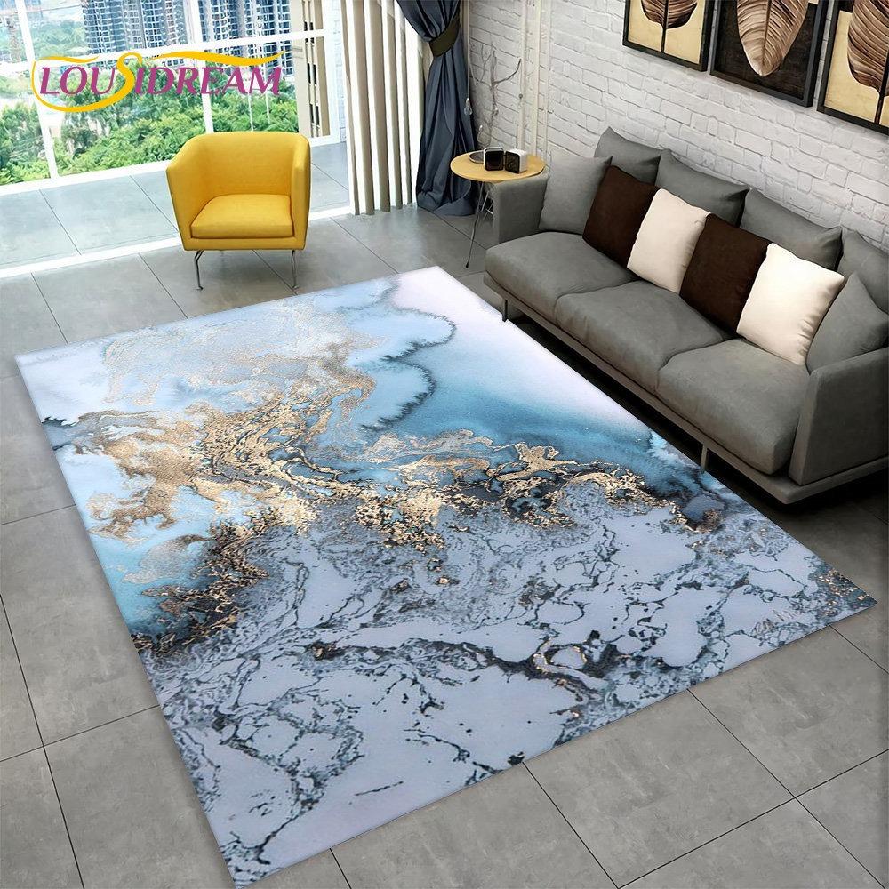 Nordic Blue Golden Colour Marble Geometric Area Rug Carpet Rug for Living Room Bedroom Sofa Doormat Decor Non-slip Floor Mat