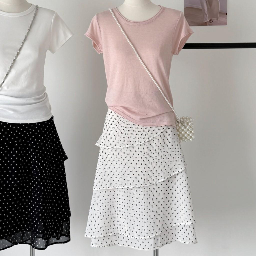 Qooth Asymmetric Polka Dot Knee-Length Skirt High-Waisted Flowy Skirt QT2869 S белый