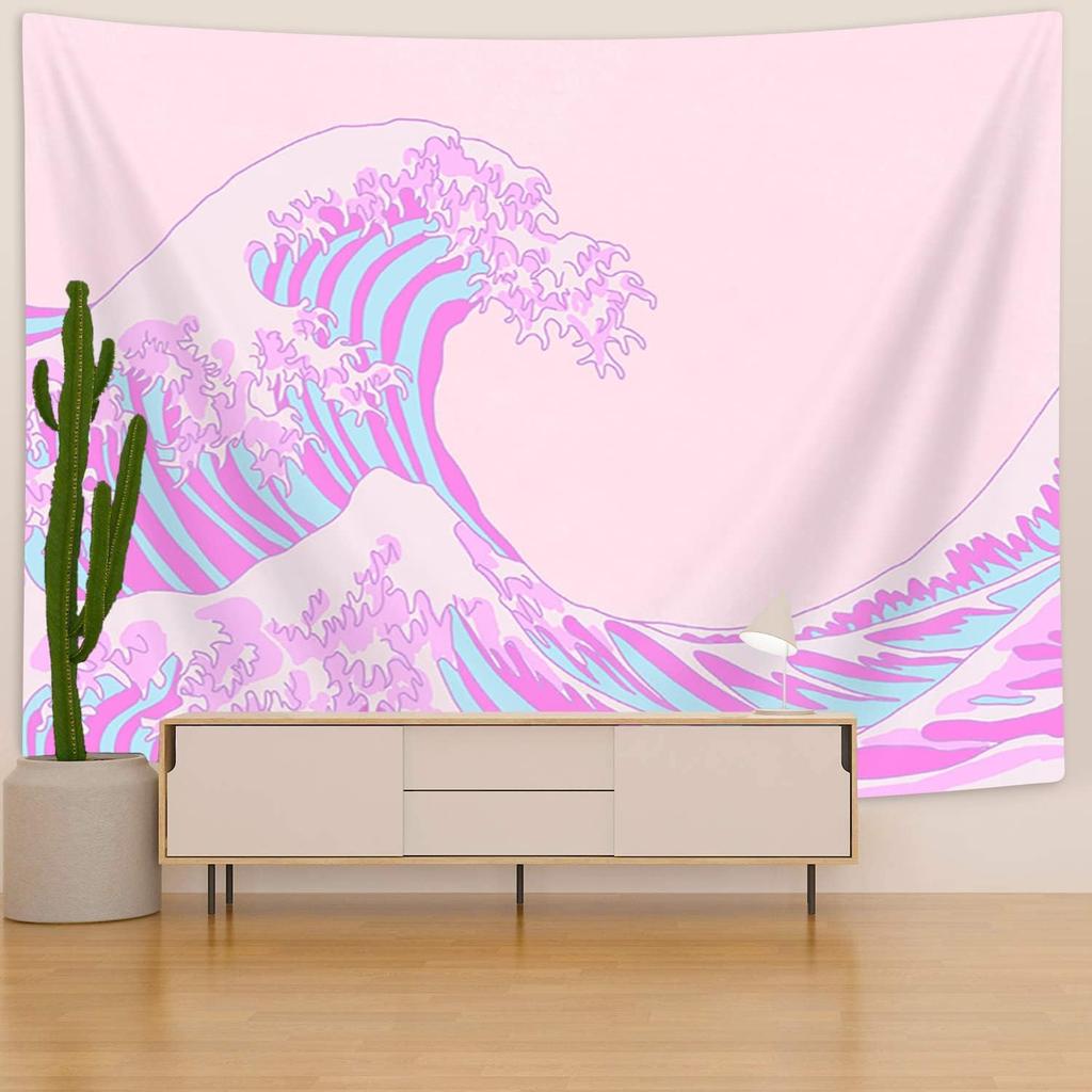 Pink Japanese Wave TapestryJapan Mount Fuji Kanagawa Great Waves Pastel Tapestry Wall Hanging for Bedroom AestheticPsychedelic