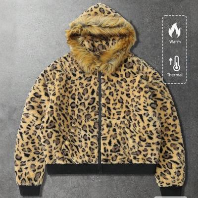 Felpa con cappuccio e zip da uomo con stampa leopardata in pile, spessa, calda, giacca casual invernale