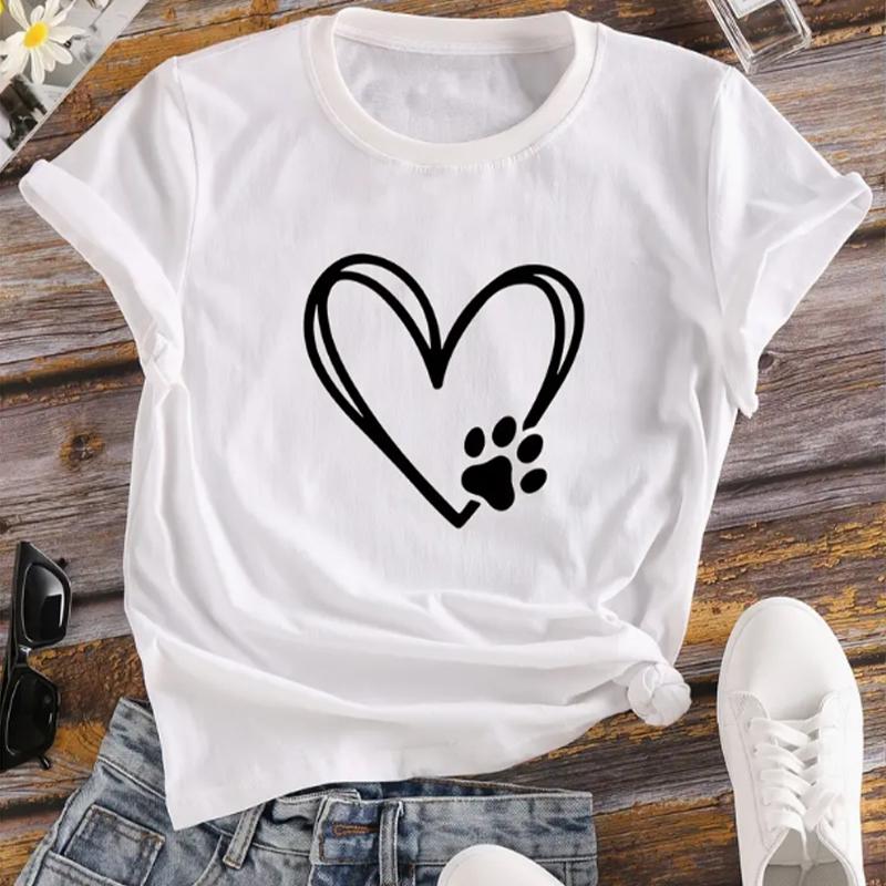 Love Cartoon Print Crew Neck T-shirt Casual Loose Short Sleeve Fashion Summer T-Shirts Tops Women's Clothing