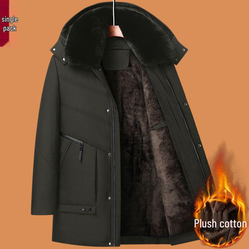 Dad's Winter Outfit: Velvet Thickened Cotton Jacket for Middle-Aged Men, Warm Mid-Length Padded Jacket for 50+