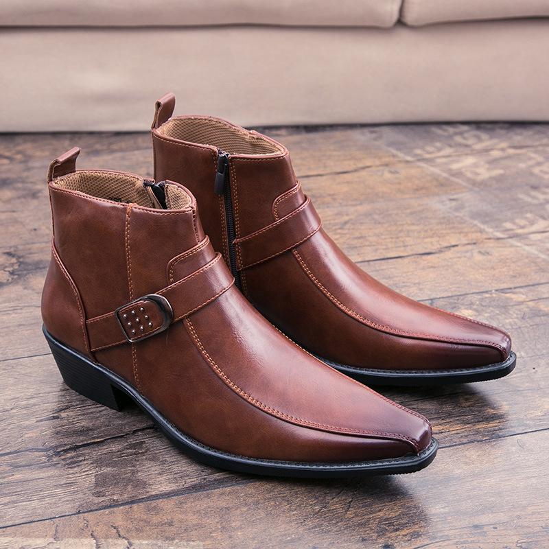 Men Retro Cowboy Boots Leather Shoes Chelsea Boots Pointed Toe Zipper Male Ankle Boots Autumn Winter Shoes