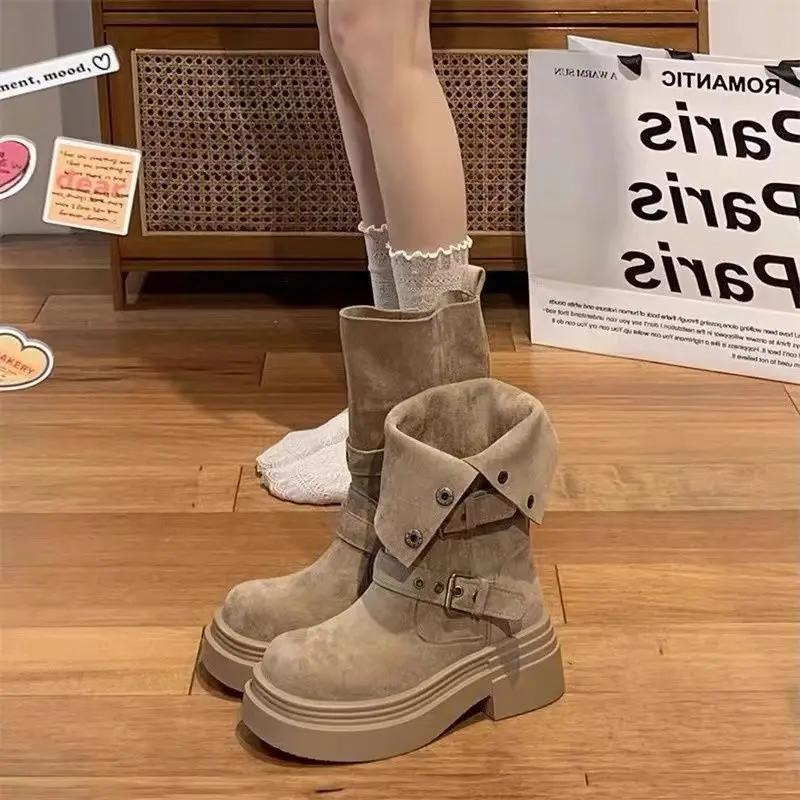 Fashion Vintage Platform Thick Bottom Women Western Cowboy Boots Fashion Belt Buckle Height Increase Female Mid Calf Booties2025 new
