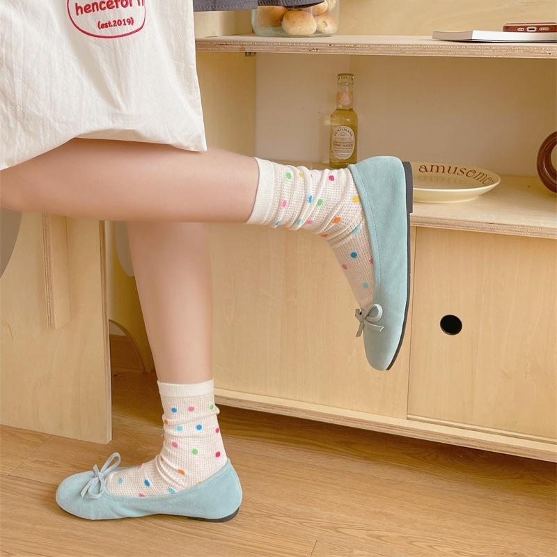 Ladies Spring and Summer Thin Striped Star Color Polka Dot Lovely Breathable Mesh Hollow Tube Stack Socks