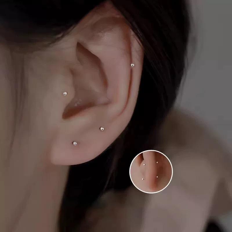 925 Silver 6/8/10MM Pole Length Gold Bead Mini Stud Earring For Women Fine Jewelry Piercing Ear bone Accessories