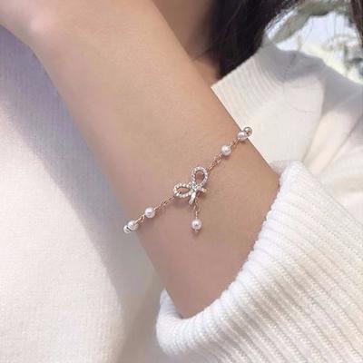 Women Bow Pearls Charm Bracelet High Quality  Thin Chain Bracelet  Jewelry Hello Girl Gift