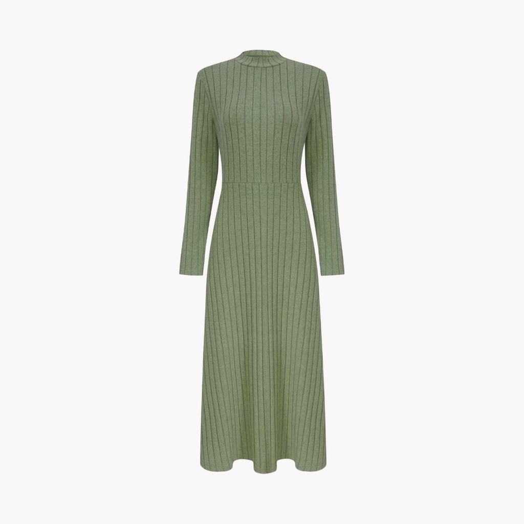 Fall Winter Solid Color Crew Neck Brushed Ribbed Maxi Dress Elegant Fashion Long Dress for Women European American