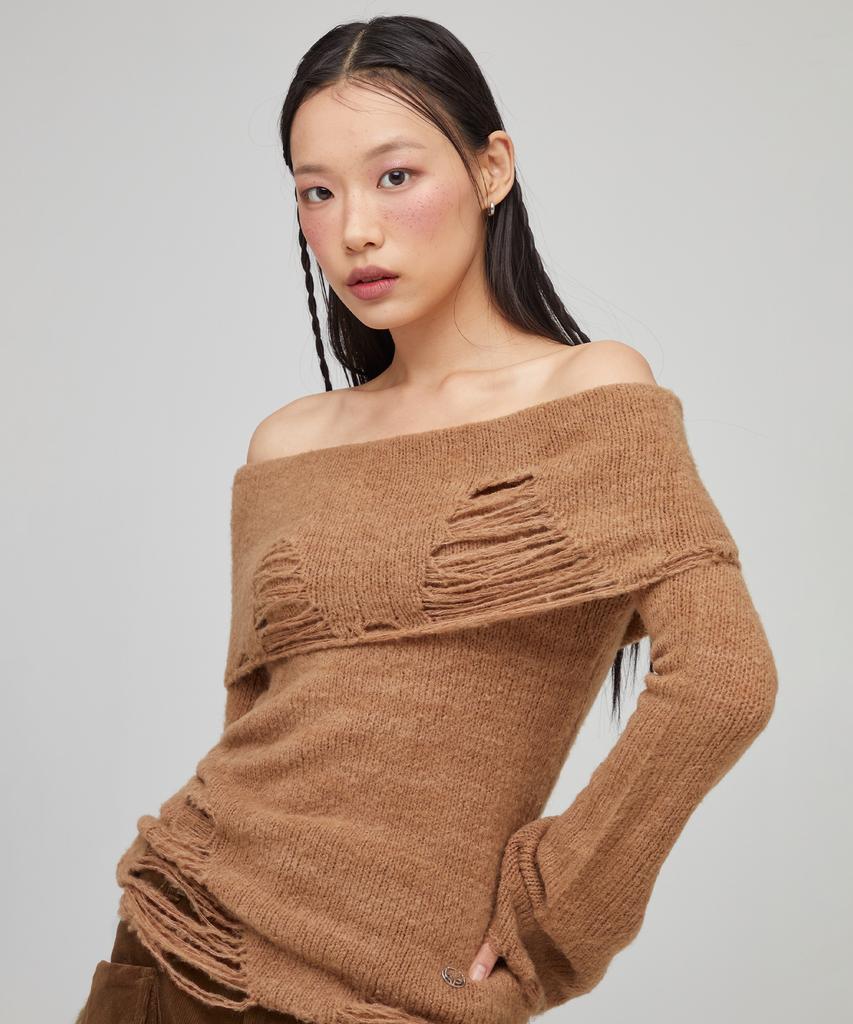 LALAFOX Knit Off-Shoulder Slim Knit Camel Bq4Kl009