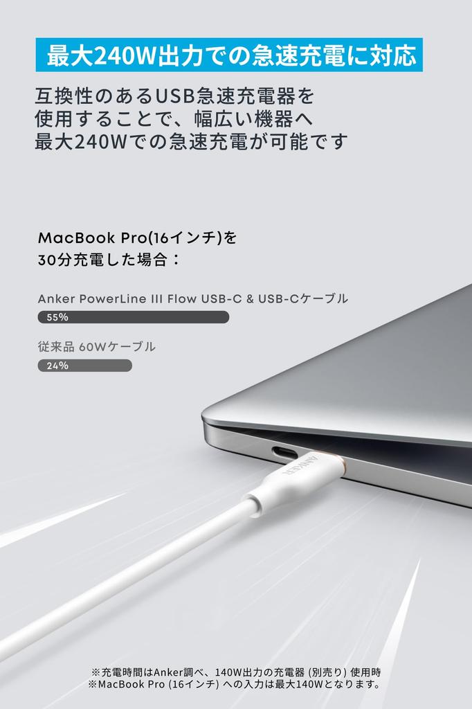 Anker PowerLine III Flow with Cable USB PD Silicone Compatible with iPhone iPad MacBook Cloud USB-C & USB-C Cable, Tangle-Free, 240W, Tie, Compatible,