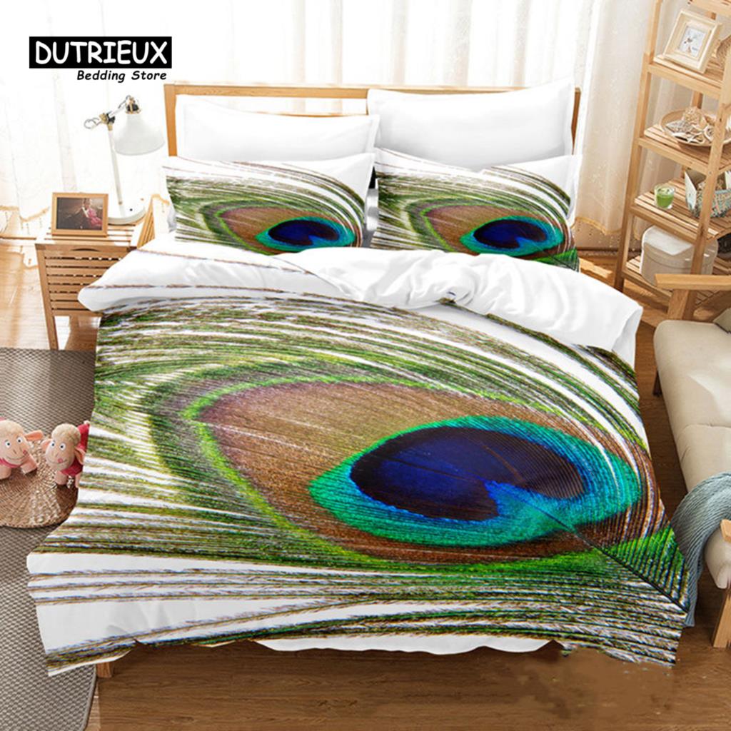 

Комплект постельного белья с павлиньими перьями Комплект пододеяльника с павлином Односпальный Двуспальный Кинг Для взрослых женщин Покрывало из микрофибры Декор для спальни EU single(135x200cm)